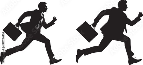 Black silhouette of a business man running isolated on white background, professional person motion shadow illustration, minimal corporate and work concept design