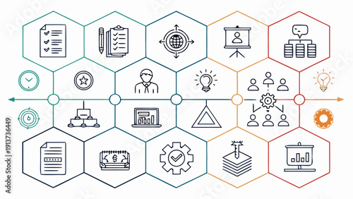 A complex network of interconnected icons representing various business and technology concepts displayed in a modern infographic style