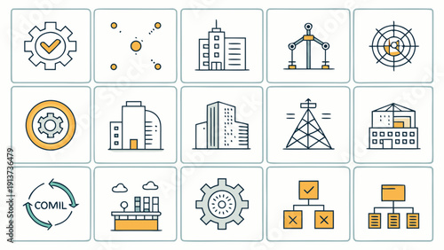 Industrial icons collection representing various sectors and infrastructure from a top-down viewpoint