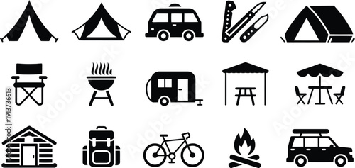 Camping and outdoor recreation icons and symbols for travel and adventure activities