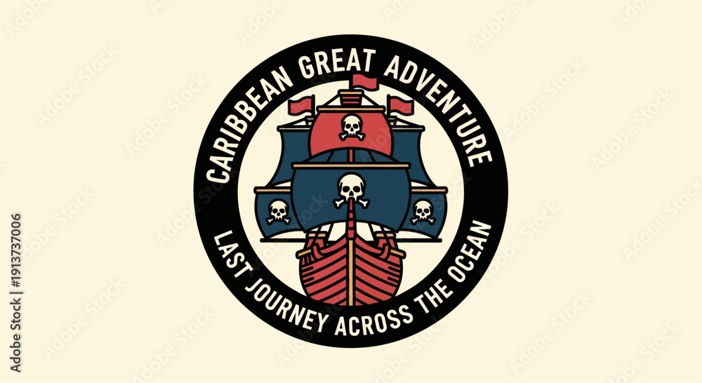 Fototapeta premium Vintage circular emblem featuring a detailed illustration of a sailing ship with the text 