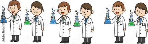 Male Scientist Cartoon Character Set Flat Vector Illustration with Laboratory Coat and Chemistry Flask Experiment