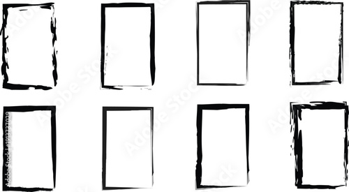 Set of black and white hand drawn grungy brush stroke vertical rectangular frames for artistic vintage borders and minimalist design projects.