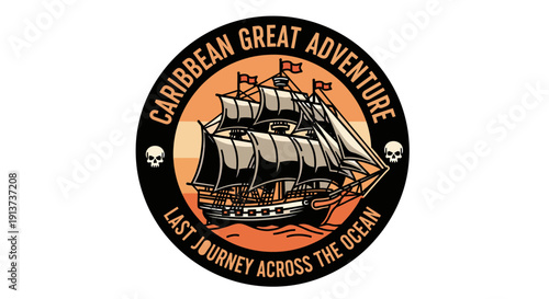 A vintage illustration of a pirate ship sailing across a turbulent ocean under a dramatic sunset sky, featuring skulls on either side of the circular emblem.