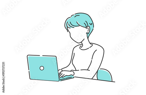 ノートパソコンで作業する女性 上半身 顔なし シンプルビジネスイラスト 青