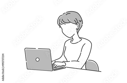 ノートパソコンで働く女性 上半身 顔なし シンプルビジネスイラスト グレー