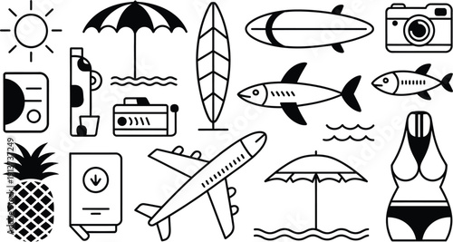 Black and white icons of summer vacation and travel objects and activities