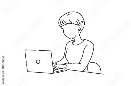 ノートパソコン操作をする女性 上半身 顔なし シンプル線画ビジネスイラスト