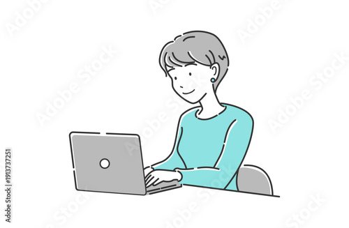 ノートパソコンで仕事中の笑顔の女性 上半身 シンプルイラスト 青グレー