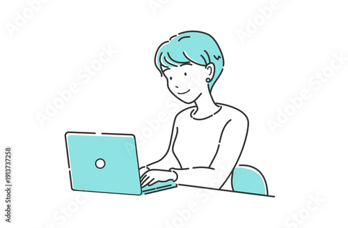 ノートパソコンで作業する笑顔の女性 上半身 シンプルビジネスイラスト 青