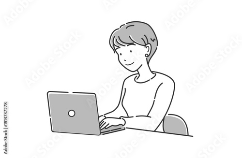 ノートパソコンを使って働く笑顔の女性 上半身 シンプルビジネスイラスト グレー
