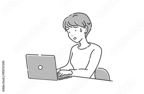 ノートパソコンを前に悩む女性 上半身 困り顔のビジネスイラスト グレー