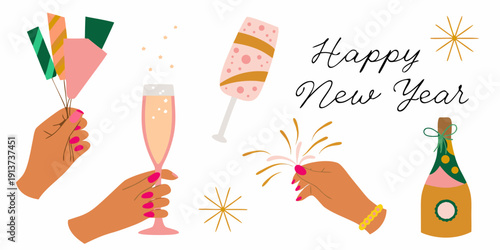 Celebratory new year illustration with champagne hands and festive decorations