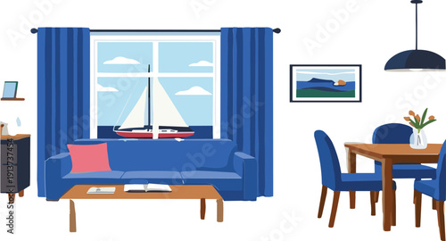 Modern Living Room Interior with Blue Sofa Window Curtains Dining Table and Cozy Home Decor Illustration