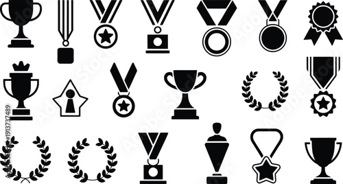 Black and white icons of various award symbols and trophies for recognition and achievement