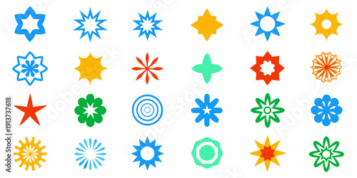 Colorful starburst and floral shapes arranged on a white background