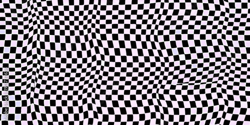 A distorted checkerboard pattern with waving black and lavender squares