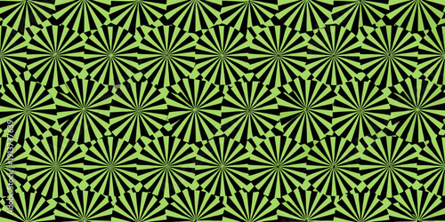 Optical illusion pattern with repeating green and black starburst shapes
