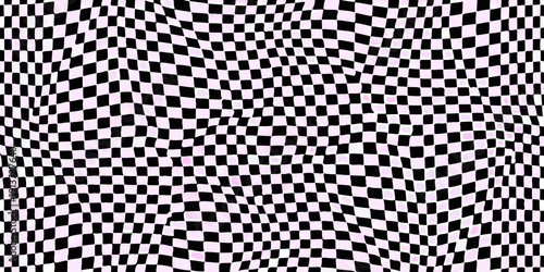A distorted checkered pattern with shades of purple and black