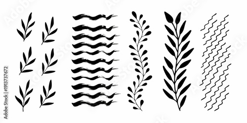 Collection of hand drawn botanical brushstroke elements in black and white