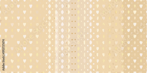 A seamless pattern featuring scattered white and gold hearts on a beige background