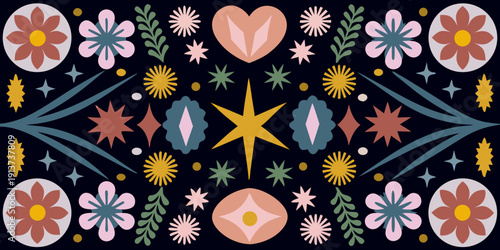 Stylized floral and geometric pattern with a dark background