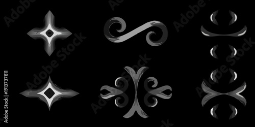 Abstract silver shapes and swirls against a black background