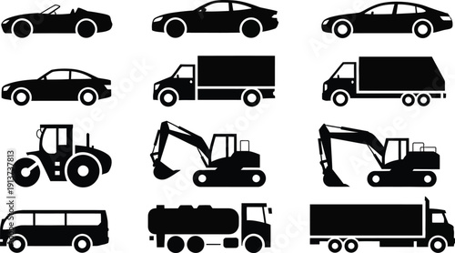 Black silhouettes of various vehicles and construction equipment icons on white background