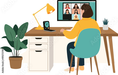 Remote Work Video Conference Scene with Woman at Home Office Desk Online Meeting Vector Illustration