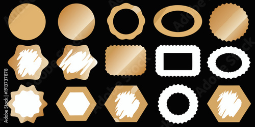 Collection of golden badges and ribbons on a black background