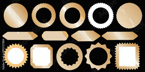 Collection of golden badges ribbons and seals on black background