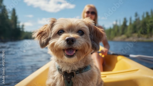 Happy Dog Enjoys Kayaking Adventure with Woman on Bright Scenic Lake Day