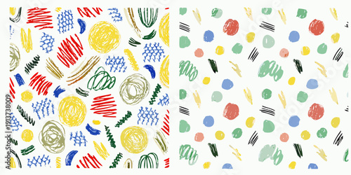 Abstract colorful crayon scribbles and shapes on a white background