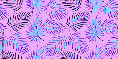 Vibrant tropical palm leaves in a repeating neon pink and blue pattern
