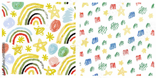Colorful hand drawn rainbows and stars on a white background pattern
