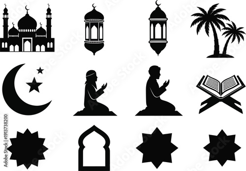Islamic religious symbols and silhouettes of mosques and people praying  Ramadan elements