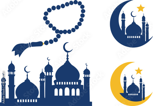 Islamic architecture and symbols in blue and yellow colors  mosque and rosary