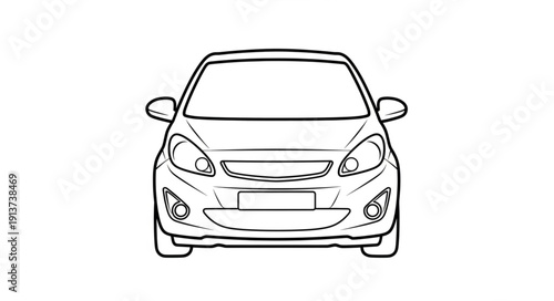 Front view line drawing of a modern compact car.