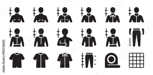 Apparel sizing and body measurement icons for garment manufacturing and fashion design work