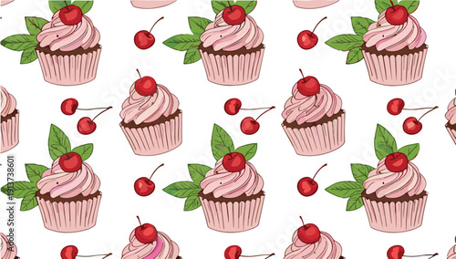 Seamless Cherry Cupcake Pattern with Pink Cream Frosting and Mint Leaves Cute Dessert Vector Background