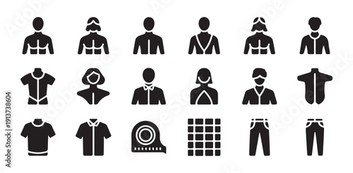 Fashion fitting and garment sizing icon set featuring human silhouettes and clothing shapes