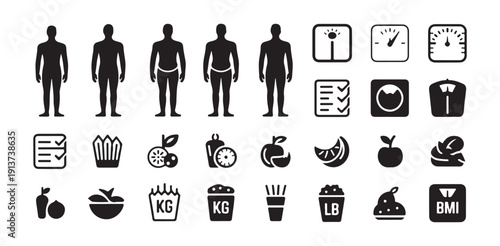 Body mass index and healthy nutrition icons including weight scales and food group symbols