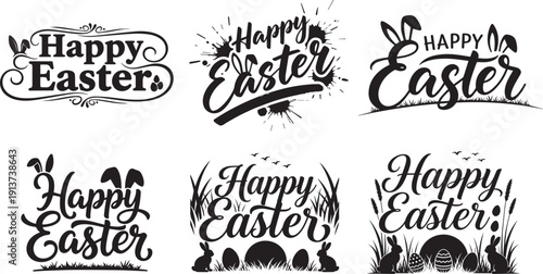 Happy Easter typography lettering set with bunny ears and hanging eggs spring holiday vector