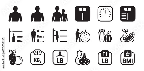 Weight and body mass index measurement icons set for health tracking