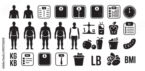 Various body shape and weight measuring tools symbols for health applications