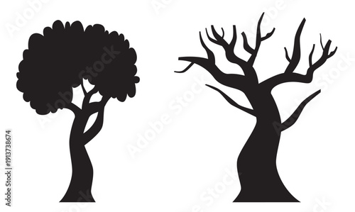 Tree silhouettes with detailed branches, black vector design a stark black silhouette of a bare deciduous tree with intricate branches, vector illustration.