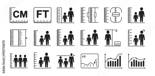 Body measurement symbols with height rulers tape measures and growth graphs