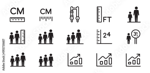 Growth height measurement icons set with ruler people and growth graph symbols vector illustration