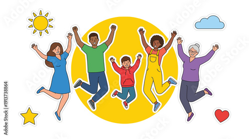Diverse Multigenerational Group Joyfully Jumping with Raised Arms, Celebrating Happiness and Unity, Flat Design Vector Illustration in Bright Colors, Isolated on White Background.
