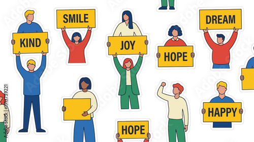 Diverse group of people holding yellow placards with positive messages promoting happiness, hope, and community in a flat design cartoon illustration on a white background vector graphic